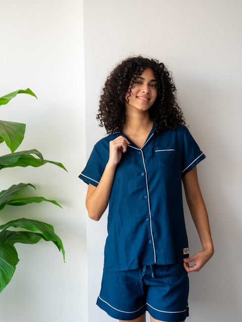 Women Summer Pajama Set Petroleum Buttoned Shirt + Shorts